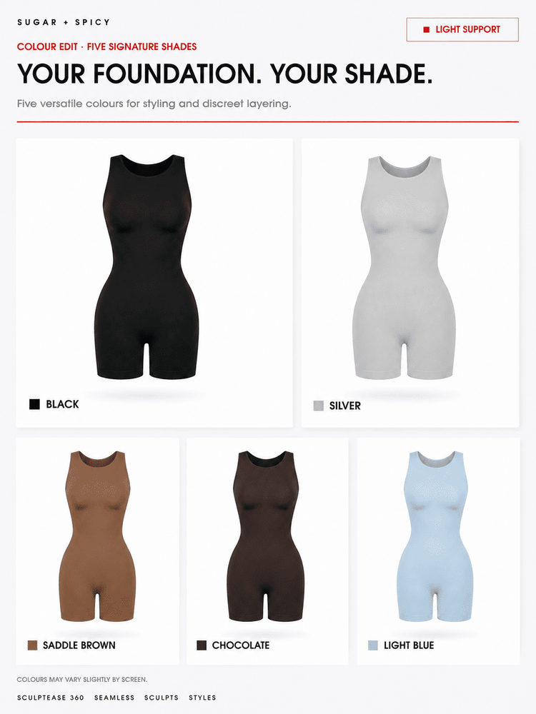 A digital color-options grid showing five fitted bodysuit/shapewear pant-length forms in different shades: black, silver, saddle brown, chocolate, and light blue. Text at the top reads 'YOUR FOUNDATION.