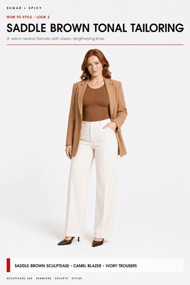 A fashion model stands against a light gray studio background wearing a camel blazer, brown top, ivory trousers, and dark heels. Large text at the top reads 'SADDLE BROWN TONAL TAILORING' with smaller descriptive copy, and a label strip at the bottom includes 'SADDLE BROWN SCULPIEASE', 'CAMEL BLAZER', and 'IVORY TROUSERS'.