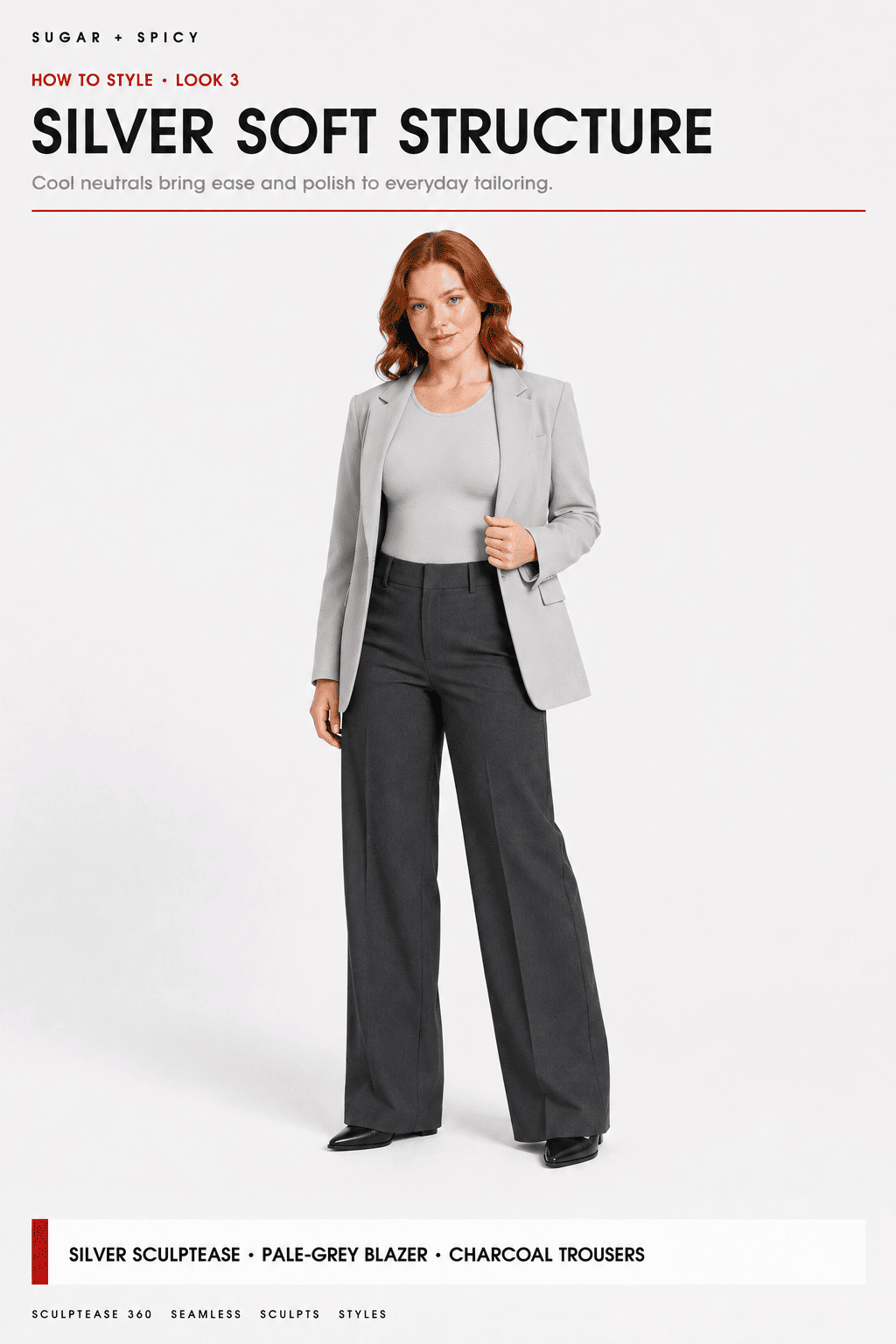 A woman stands against a light gray studio background wearing a light gray blazer over a light gray top with charcoal wide-leg trousers. Large text at the top reads &