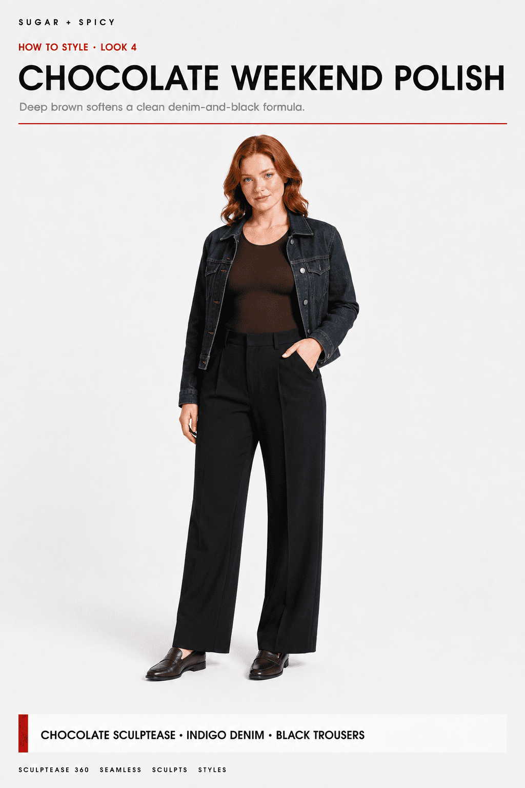 A woman stands against a light gray studio background wearing a dark denim jacket, brown top, black wide-leg trousers, and black loafers. Large text at the top reads &