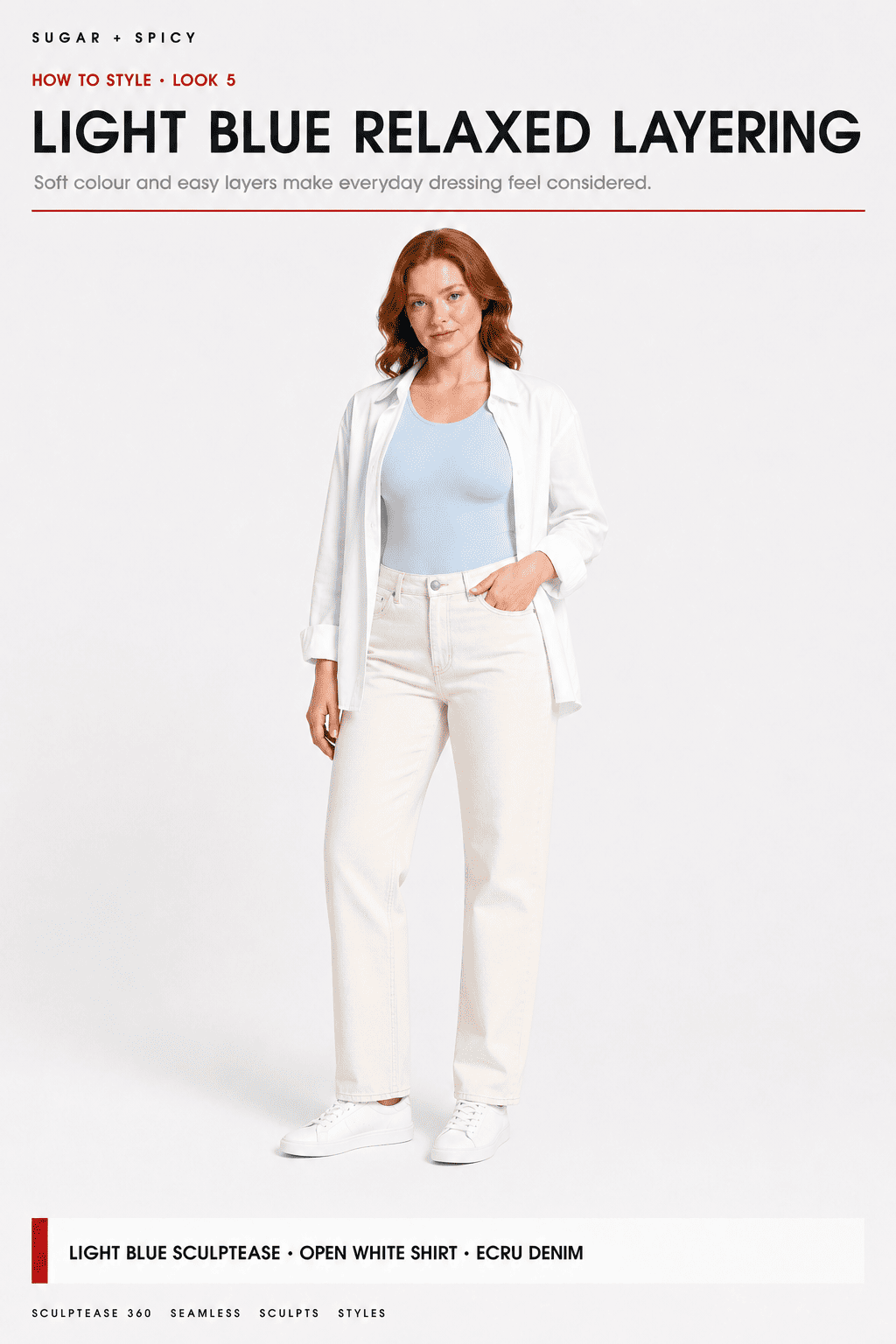 A model wearing a light blue relaxed layering set consisting of a light blue tank top and white wide-leg jeans, styled with an open white shirt and white sneakers. The image is a styled editorial shot with text overlays at the top and bottom.