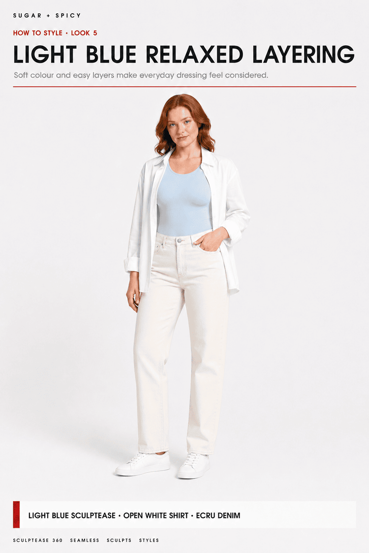 A model wearing a light blue relaxed layering set consisting of a light blue tank top and white wide-leg jeans, styled with an open white shirt and white sneakers. The image is a styled editorial shot with text overlays at the top and bottom.