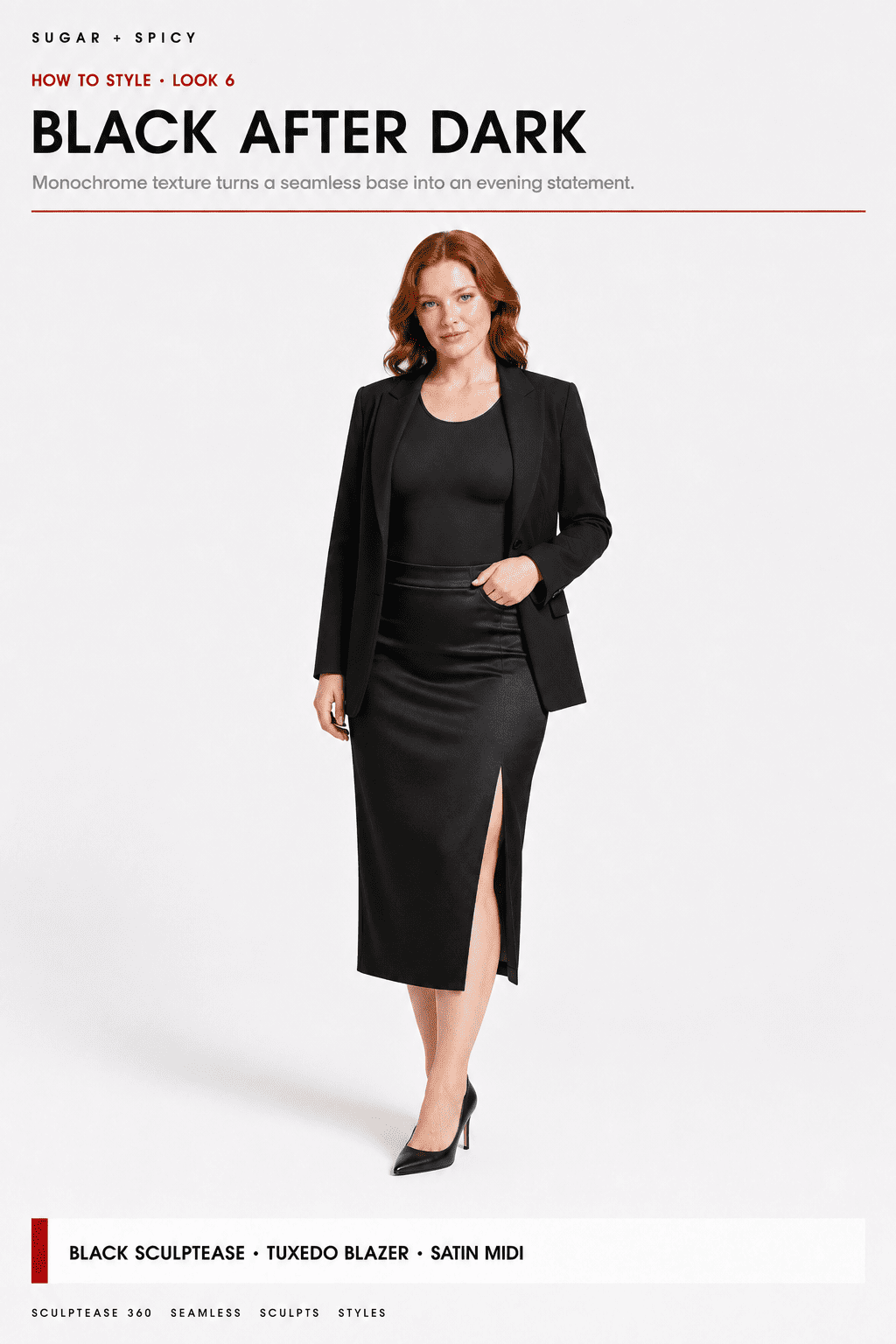 A woman modeling a black satin midi skirt with a thigh slit, styled with a black tuxedo blazer and black heels against a light gray studio background. Text at the top reads &