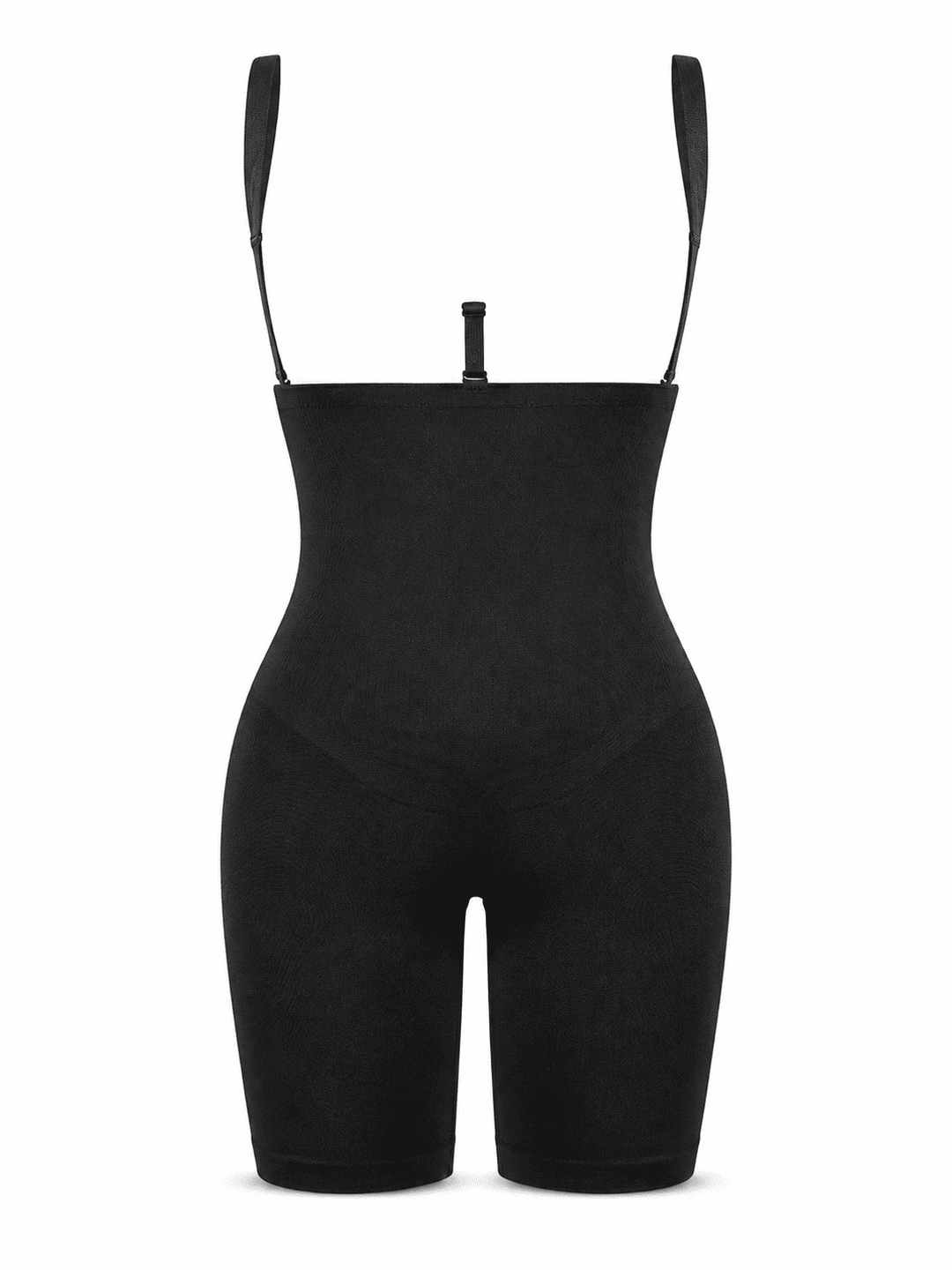 Black high-waisted compression shorts with shoulder straps and a central waistband detail, shown on a plain white background.