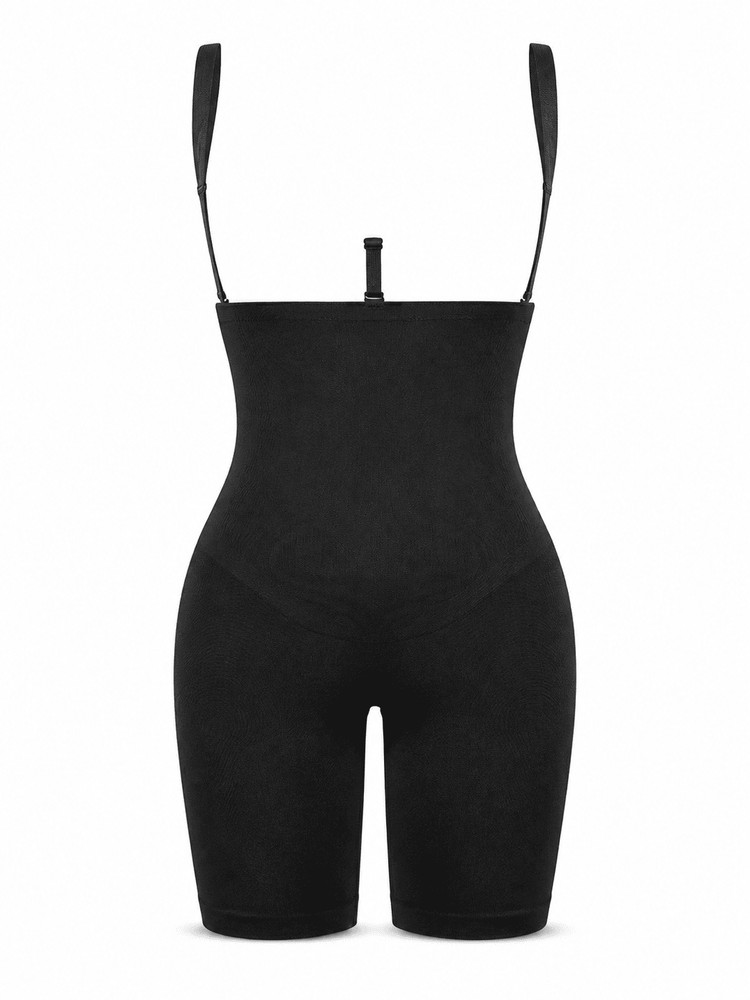 Black high-waisted compression shorts with shoulder straps and a central waistband detail, shown on a plain white background.