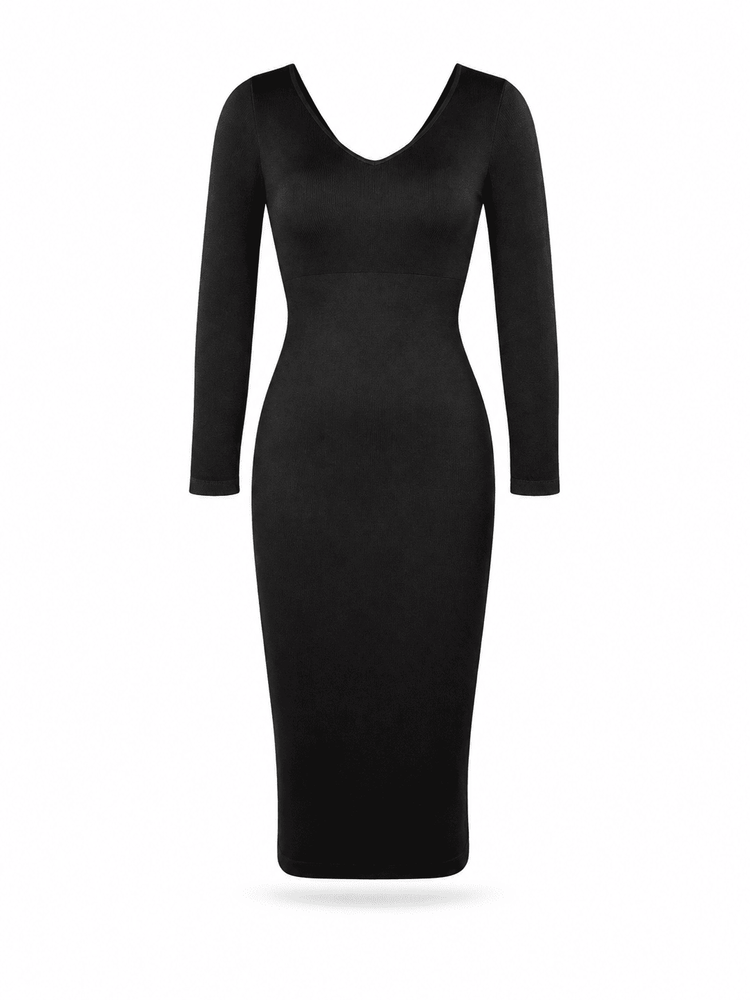 A black long-sleeve bodycon midi dress with a V-neckline, shown on a plain white background.