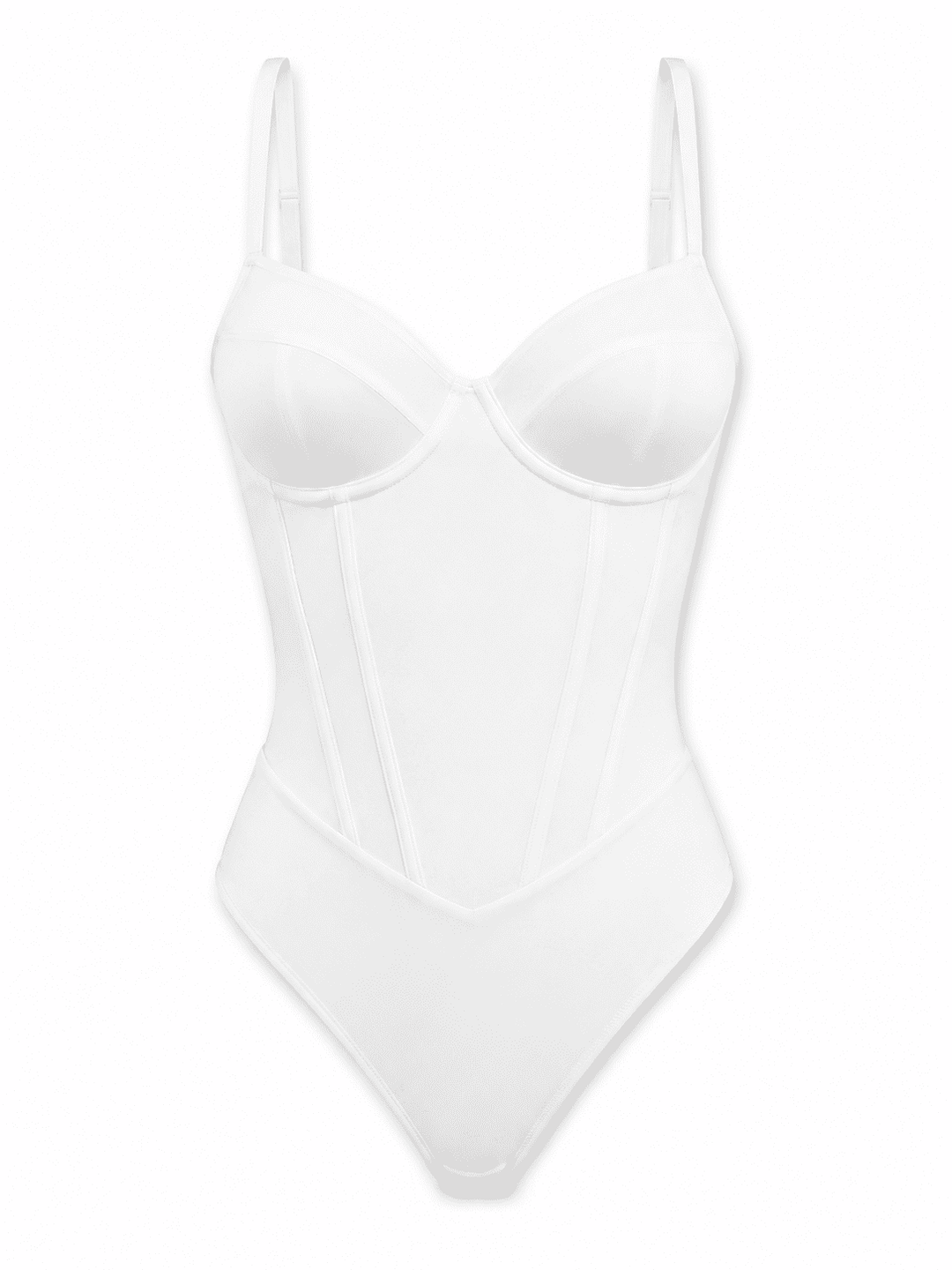 A white molded bodysuit with a structured corset-style waist, underwire cups, and thin shoulder straps, shown against a plain white background.
