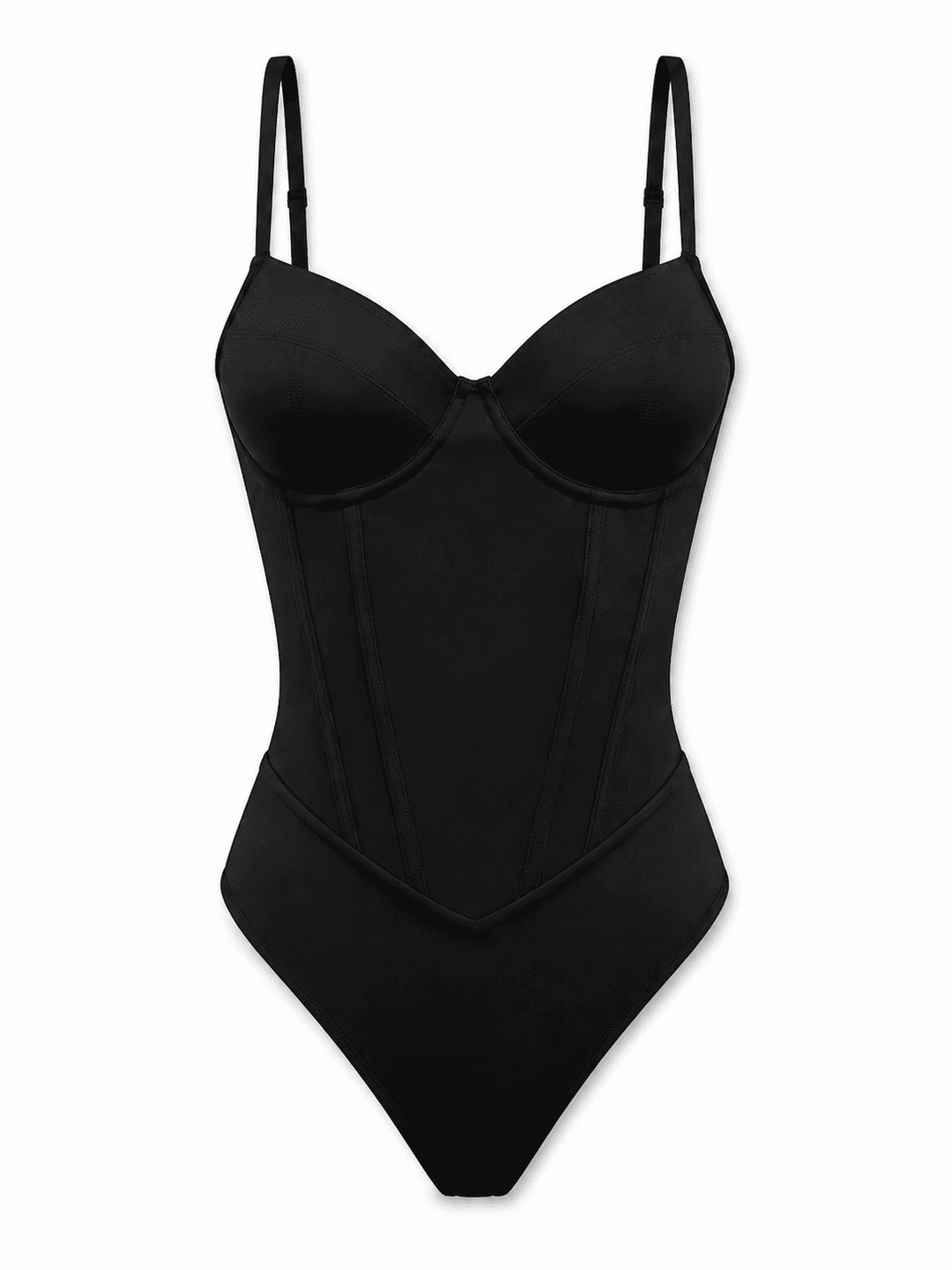 A black molded bodysuit with a structured corset-style waist and thin shoulder straps, shown against a plain white background.
