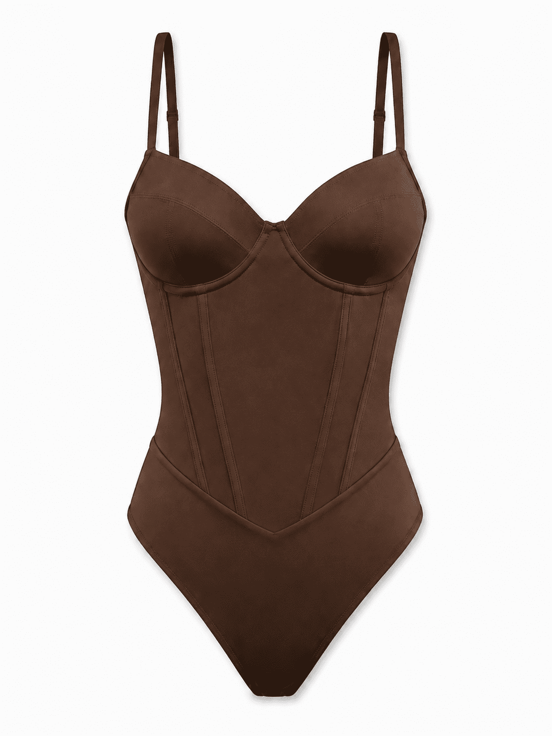 A dark brown molded bodysuit with thin shoulder straps, structured underbust cups, and a corset-style front panel, shown against a plain white background.
