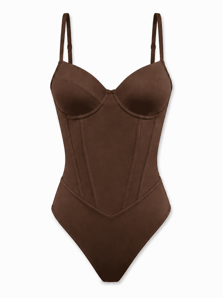A dark brown molded bodysuit with thin shoulder straps, structured underbust cups, and a corset-style front panel, shown against a plain white background.
