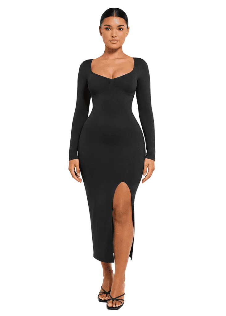 A black long-sleeve bodycon midi dress with a thigh-high slit, shown from three angles (front, three-quarter side, and back) on a model against a plain white studio background.