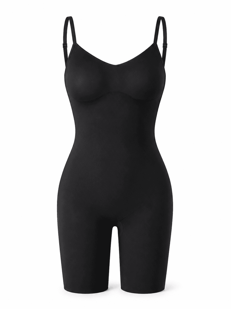 A black shapewear bodysuit with thin shoulder straps and a V-neckline, shown on a clean white background.