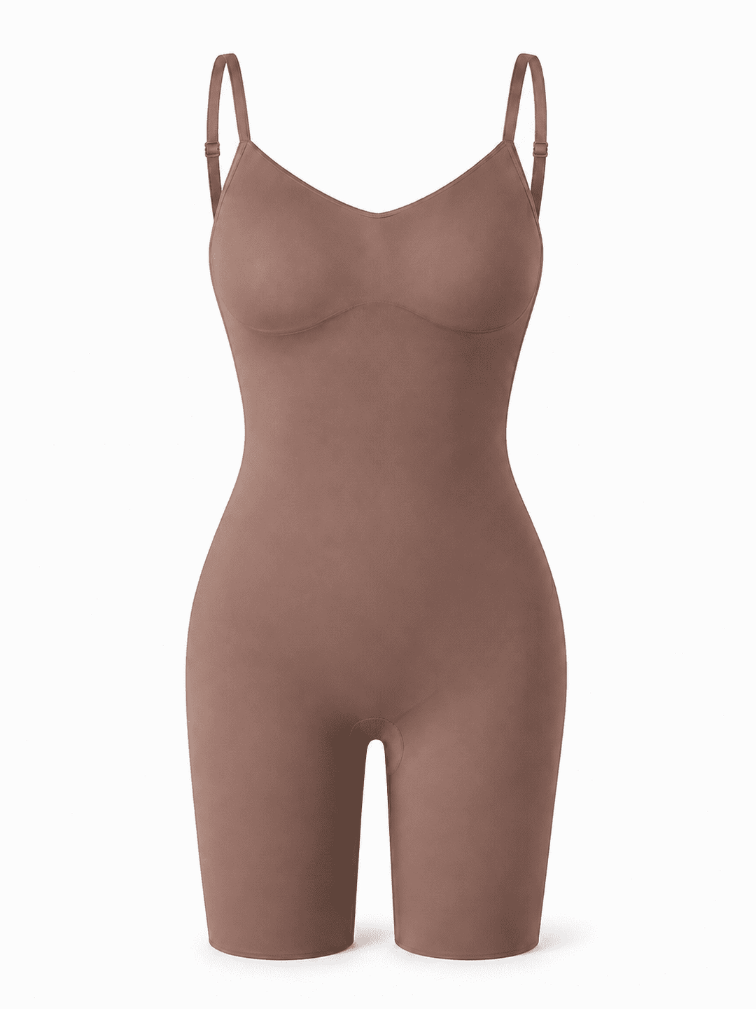 A single-piece shapewear bodysuit in a muted taupe-brown color, featuring thin shoulder straps and a V-neckline, shown on a plain white background.