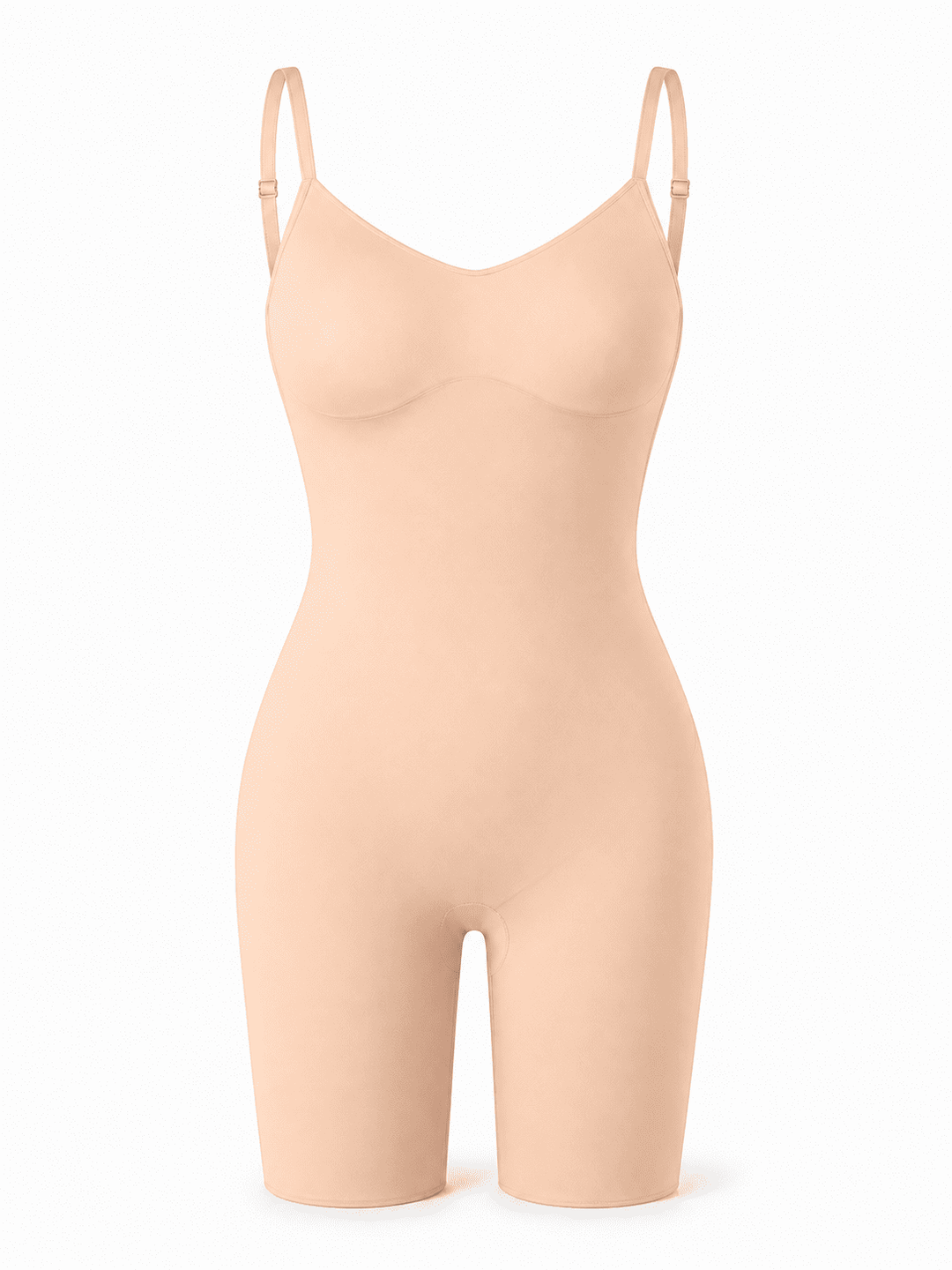 A light peach-beige full-body compression shapewear bodysuit with shoulder straps, shown on a clean white background.