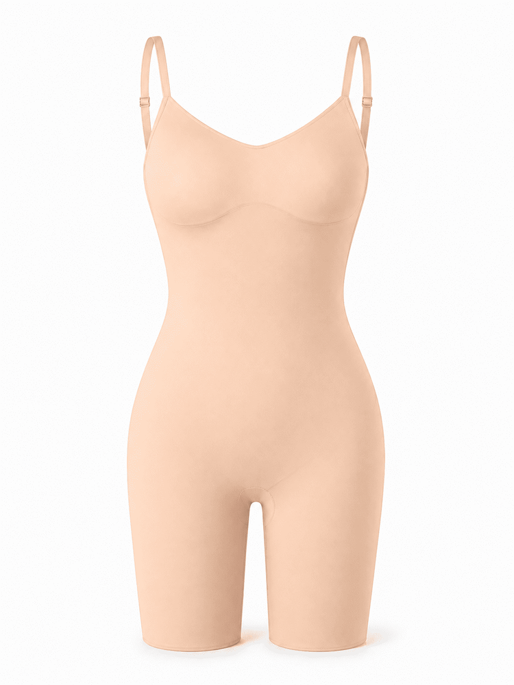A light peach-beige full-body compression shapewear bodysuit with shoulder straps, shown on a clean white background.