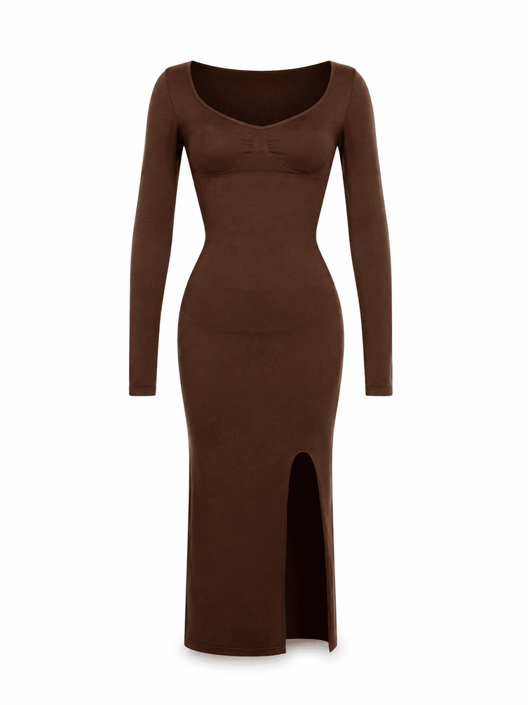 A long-sleeve, scoop-neck maxi dress in a solid dark brown color, featuring a high slit at the hem, shown against a plain white background.