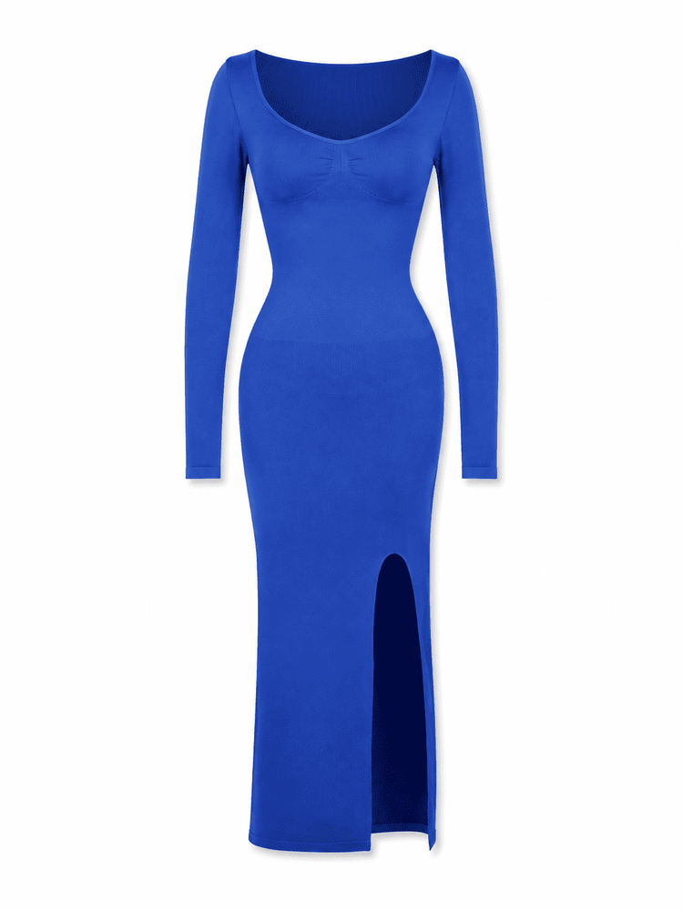 A royal blue long-sleeve bodycon maxi dress with a scoop neckline and a front slit at the hem, shown on a plain white background.
