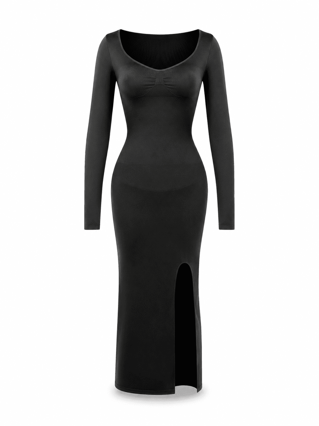 A black long-sleeve bodycon maxi dress with a scoop neckline and a front slit, shown on a plain white background.