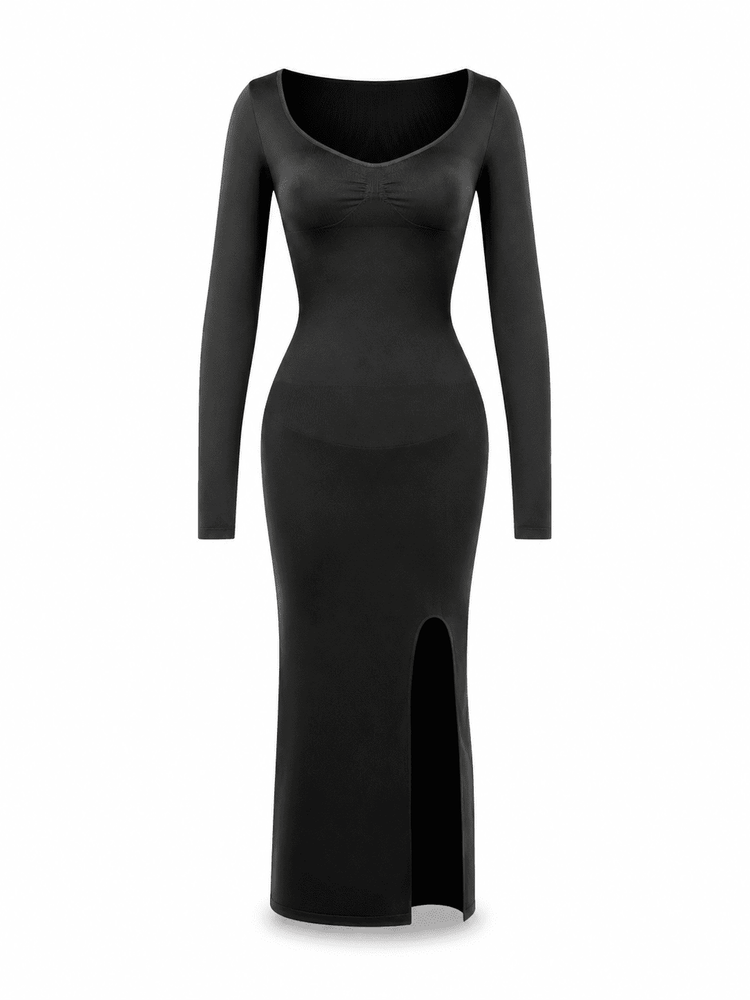 A black long-sleeve bodycon maxi dress with a scoop neckline and a front slit, shown on a plain white background.