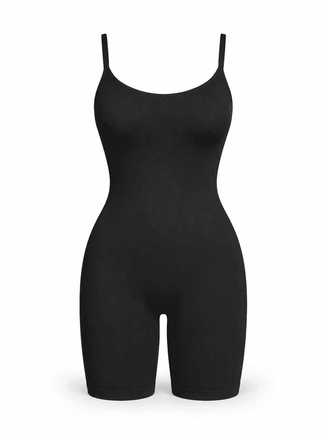 A black sleeveless bodysuit with thin shoulder straps and a scoop neckline, shown on a plain white background.