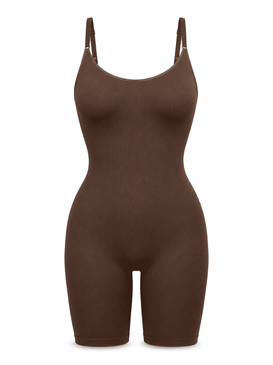 A dark brown shapewear bodysuit with shoulder straps and a scoop neckline, displayed on a clean white background.