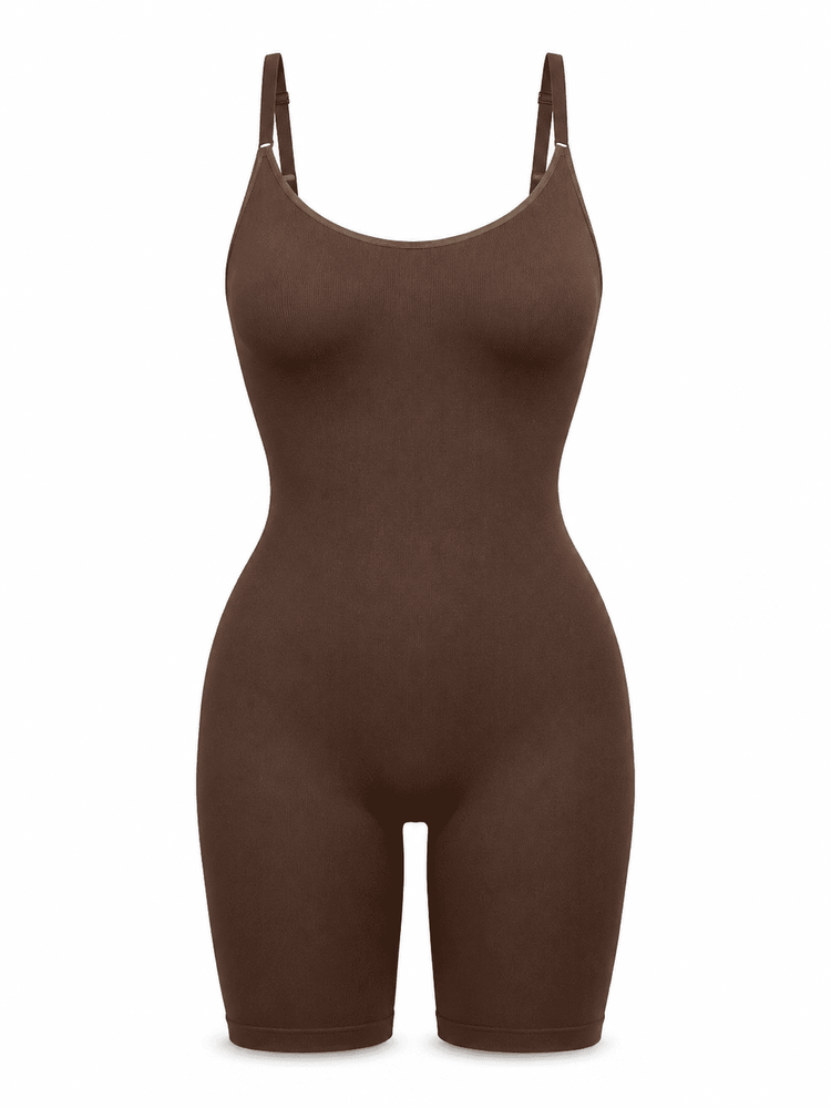 A dark brown shapewear bodysuit with shoulder straps and a scoop neckline, displayed on a clean white background.