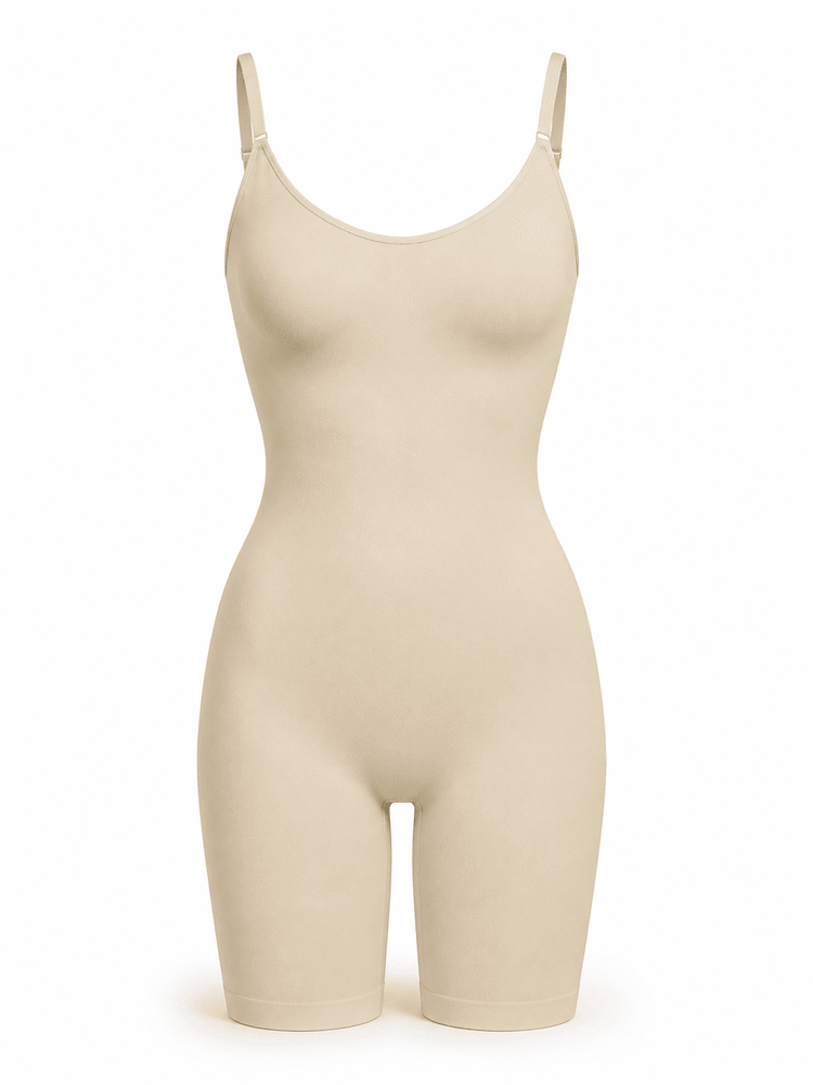 A beige full-body compression garment or shapewear bodysuit with shoulder straps, shown on a white background.