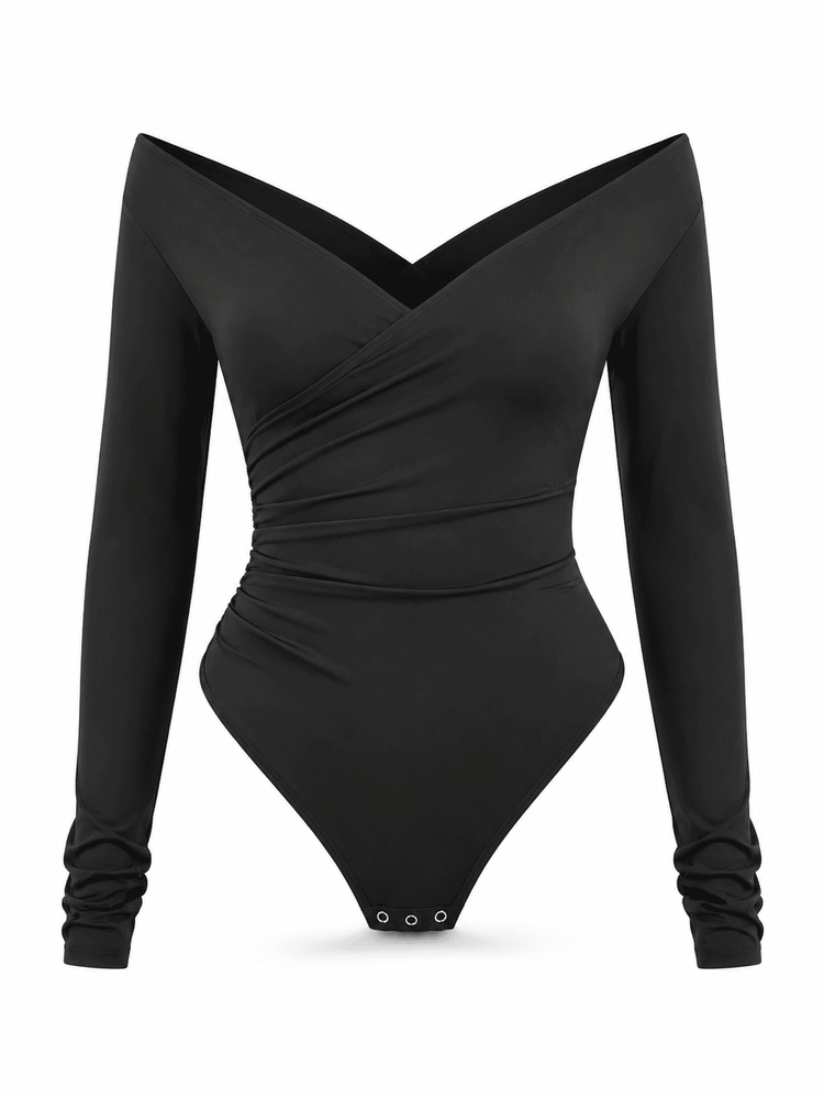 A black long-sleeve bodysuit with a dramatic off-the-shoulder, wrap-style V-neckline and ruched waist details, shown against a plain white background.