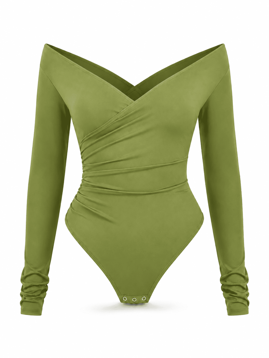 An olive green long-sleeve bodysuit with a sweetheart neckline, wrap-style crossover front, ruched waist, and gathered cuffs, shown on a plain white background.