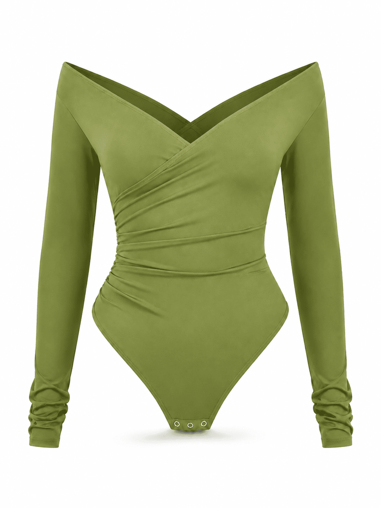 An olive green long-sleeve bodysuit with a sweetheart neckline, wrap-style crossover front, ruched waist, and gathered cuffs, shown on a plain white background.
