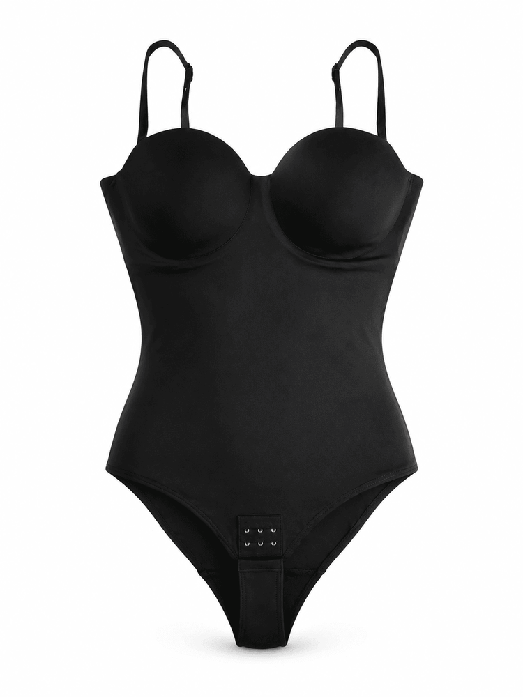 A black molded-cup one-piece swimsuit with thin shoulder straps and a small three-button back closure, shown against a plain white background.