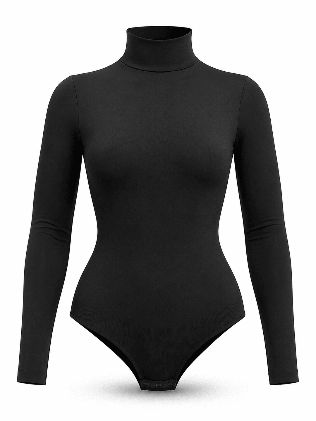 A black long-sleeve mock neck bodysuit displayed on a ghost mannequin against a plain white background.