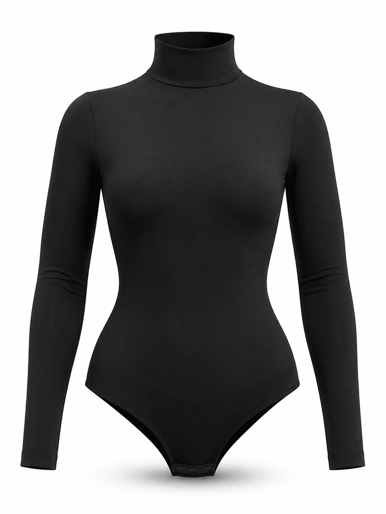 A black long-sleeve mock neck bodysuit displayed on a ghost mannequin against a plain white background.