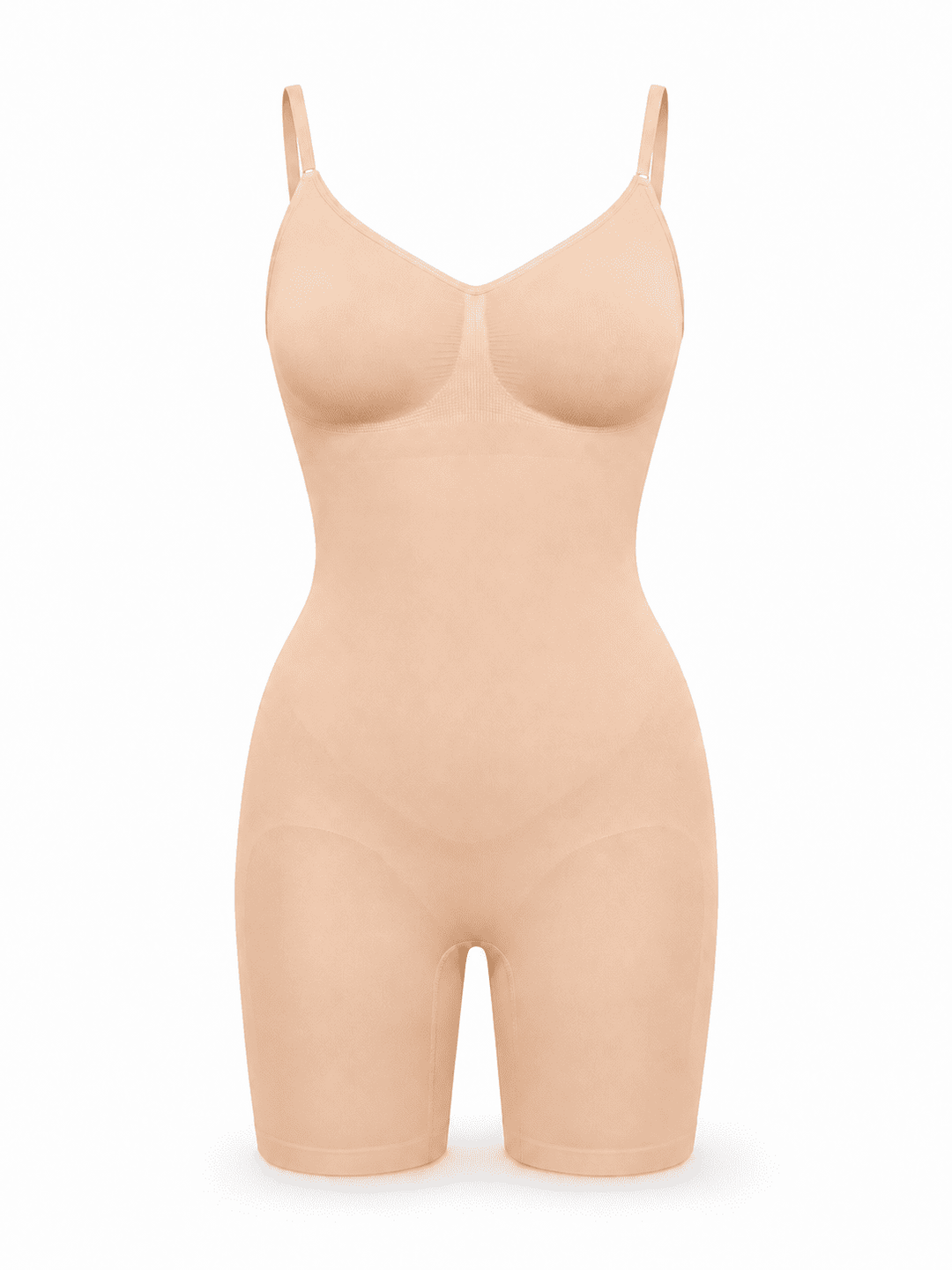 A nude beige full-body compression shapewear bodysuit with shoulder straps and built-in molded cups, shown on a clean white background.