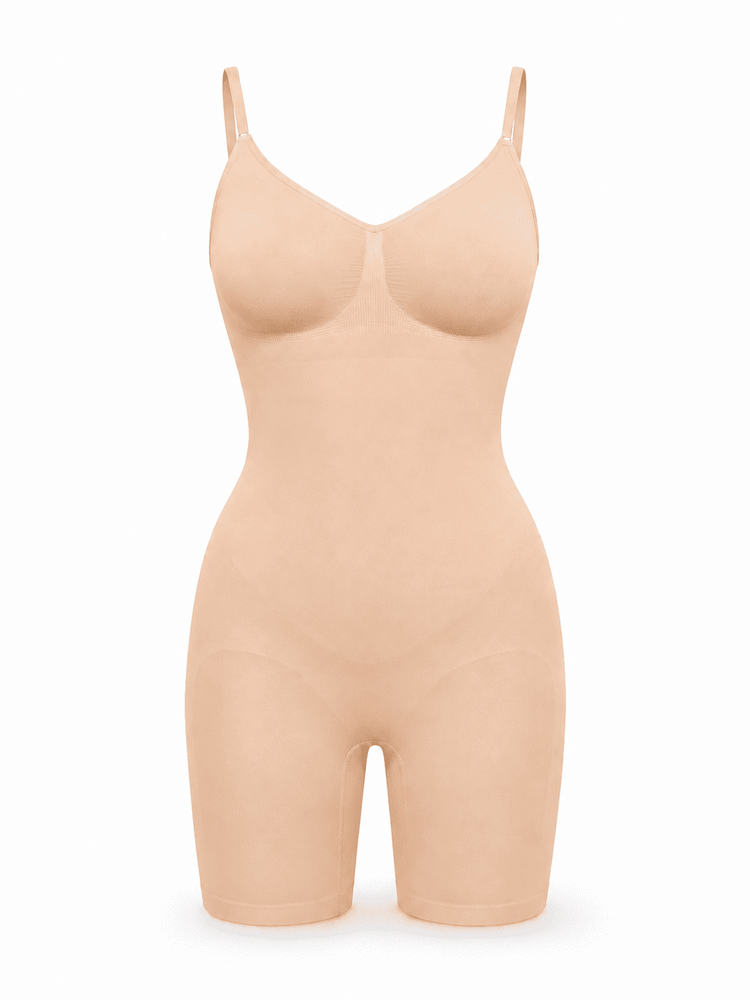 A nude beige full-body compression shapewear bodysuit with shoulder straps and built-in molded cups, shown on a clean white background.
