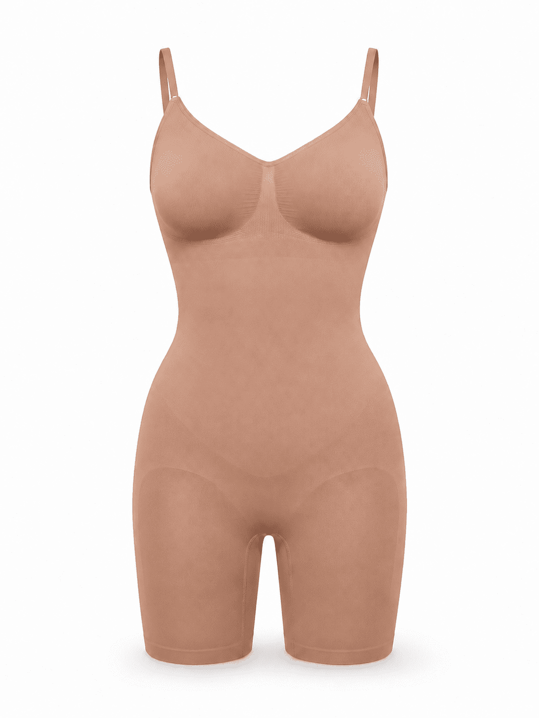 A nude-beige full-body compression shapewear bodysuit with shoulder straps and built-in molded cups, shown on a clean white background.