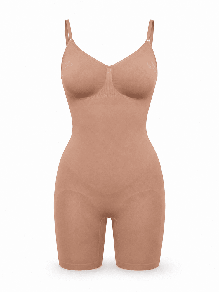 A nude-beige full-body compression shapewear bodysuit with shoulder straps and built-in molded cups, shown on a clean white background.