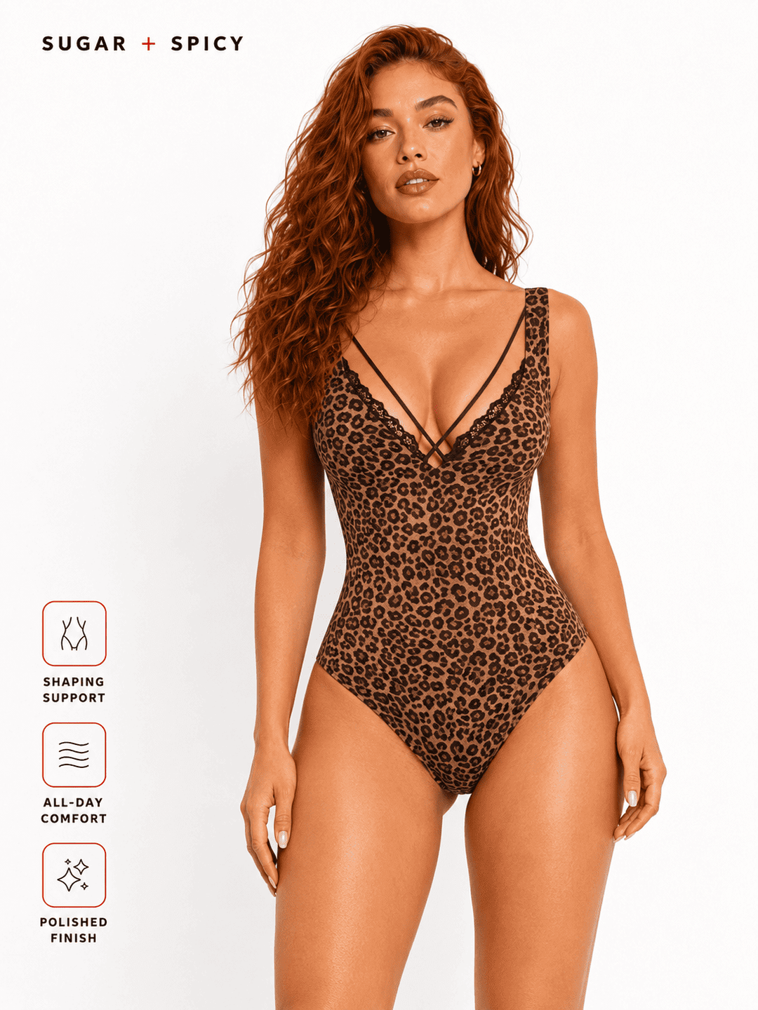 Lace V-neck shaping bodysuit featuring a leopard print design and T-back style for elegant everyday wear.