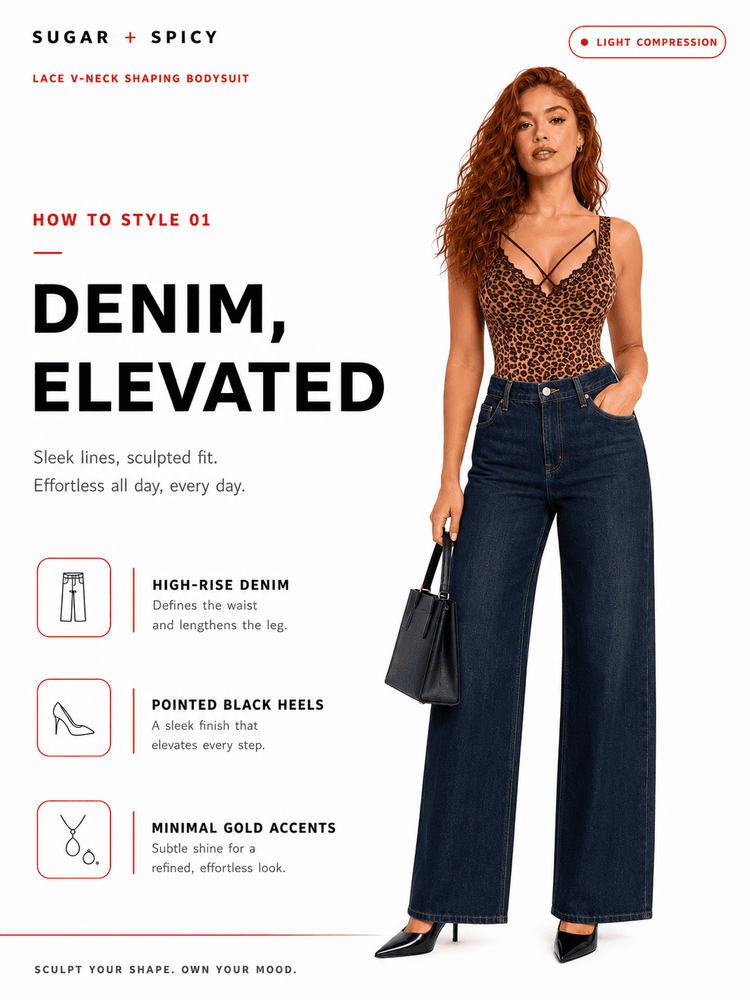 Lace V-neck shaping bodysuit styled with high-rise denim for a chic, elevated look.