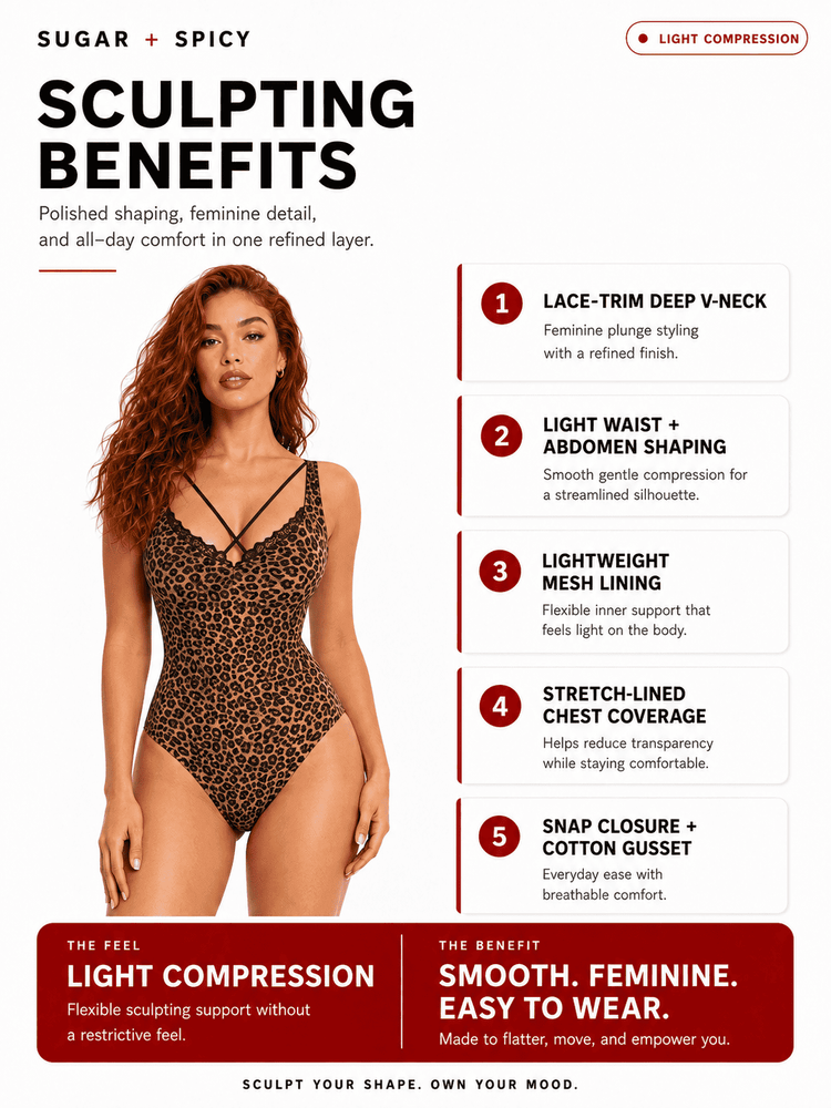 Lace V-neck shaping bodysuit featuring a lace-trim deep V-neck and light compression for a smooth silhouette.