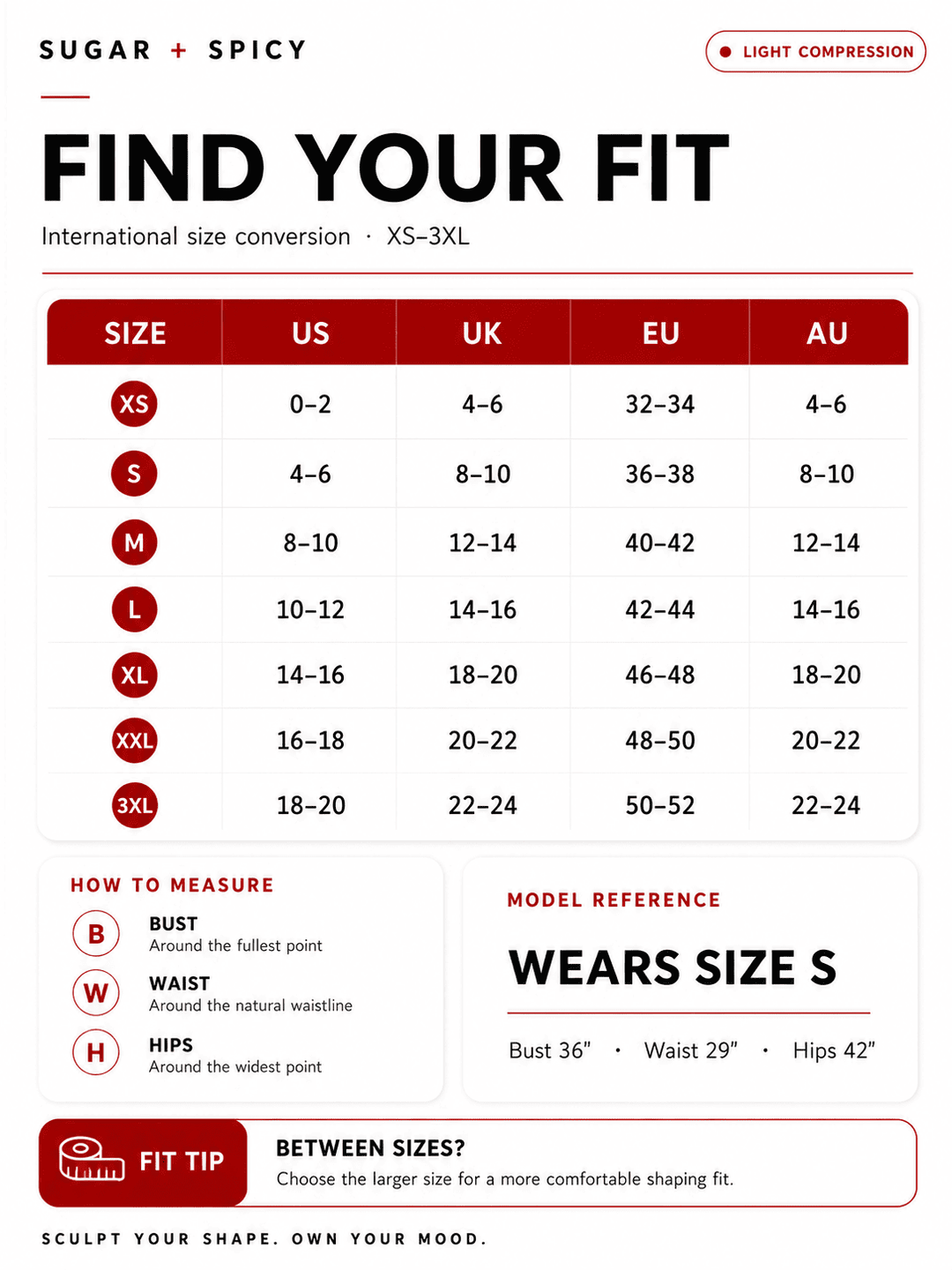 Size chart for Sugar + Spicy lingerie with international size conversion for XS-3XL.