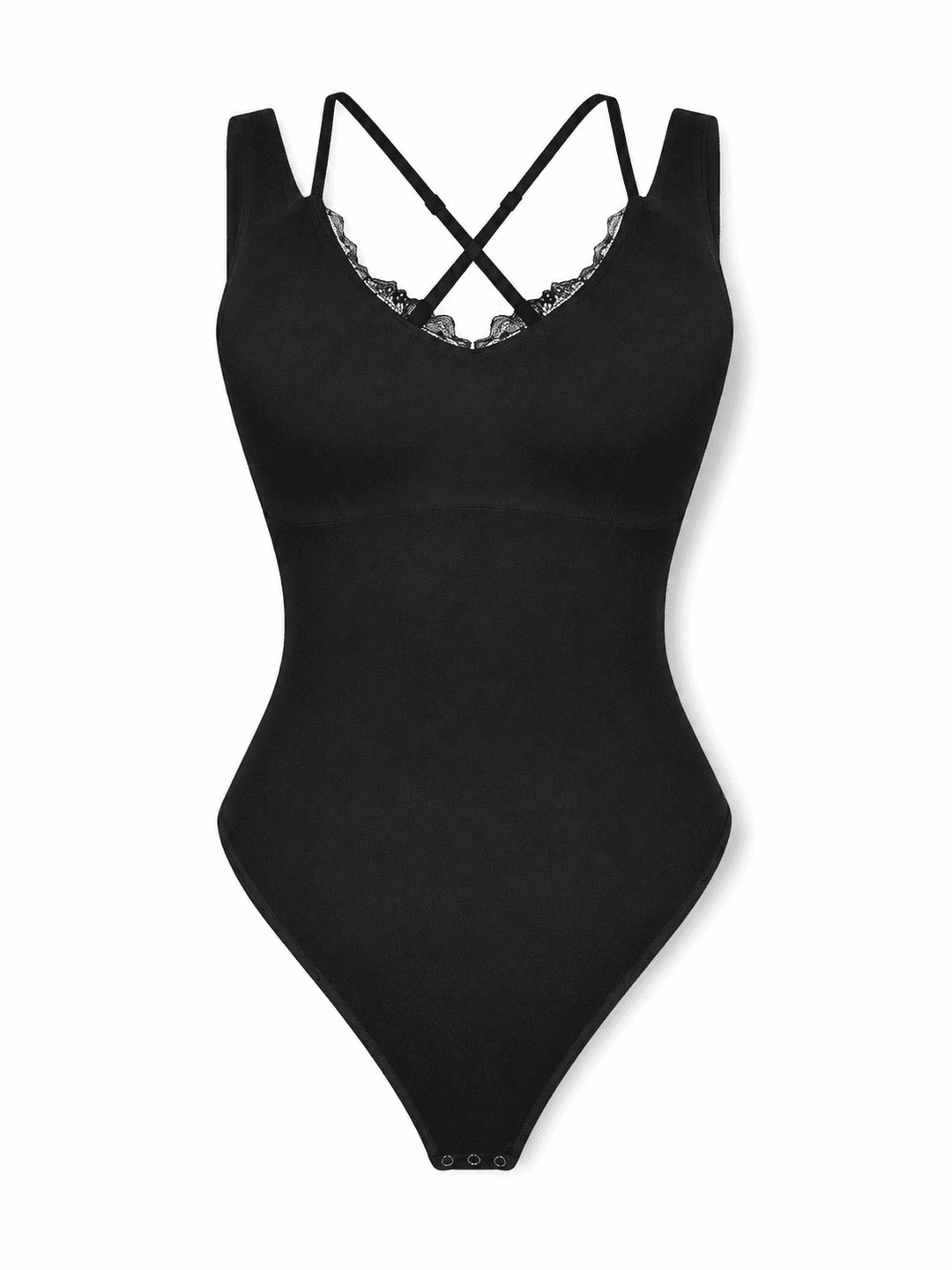 Black Lace V-neck shaping bodysuit with T-back design and lace-trimmed neckline for a stylish look.