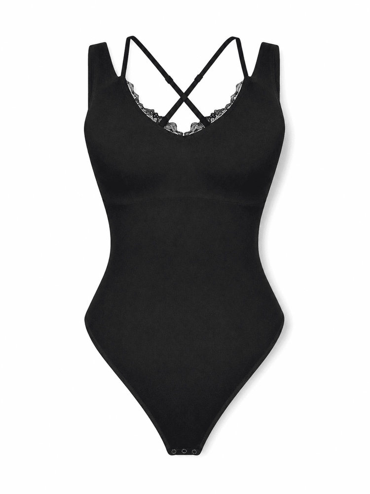 Black Lace V-neck shaping bodysuit with T-back design and lace-trimmed neckline for a stylish look.
