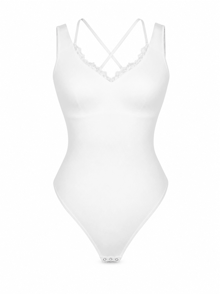 Lace V-neck shaping bodysuit with T-Back design and lace trim in white color.