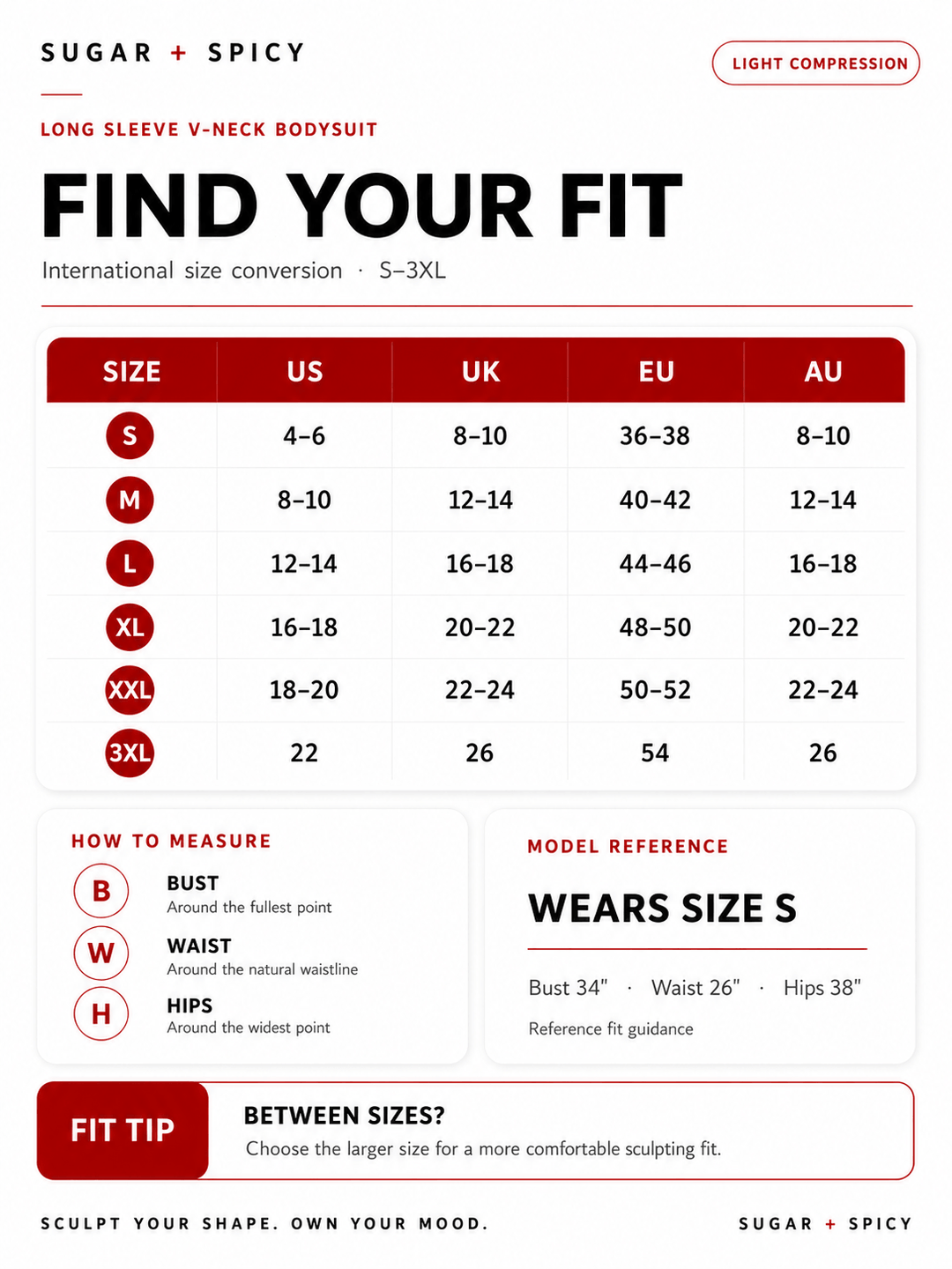 Size chart for deep V-neck bodysuit showing international size conversions from S to 3XL.