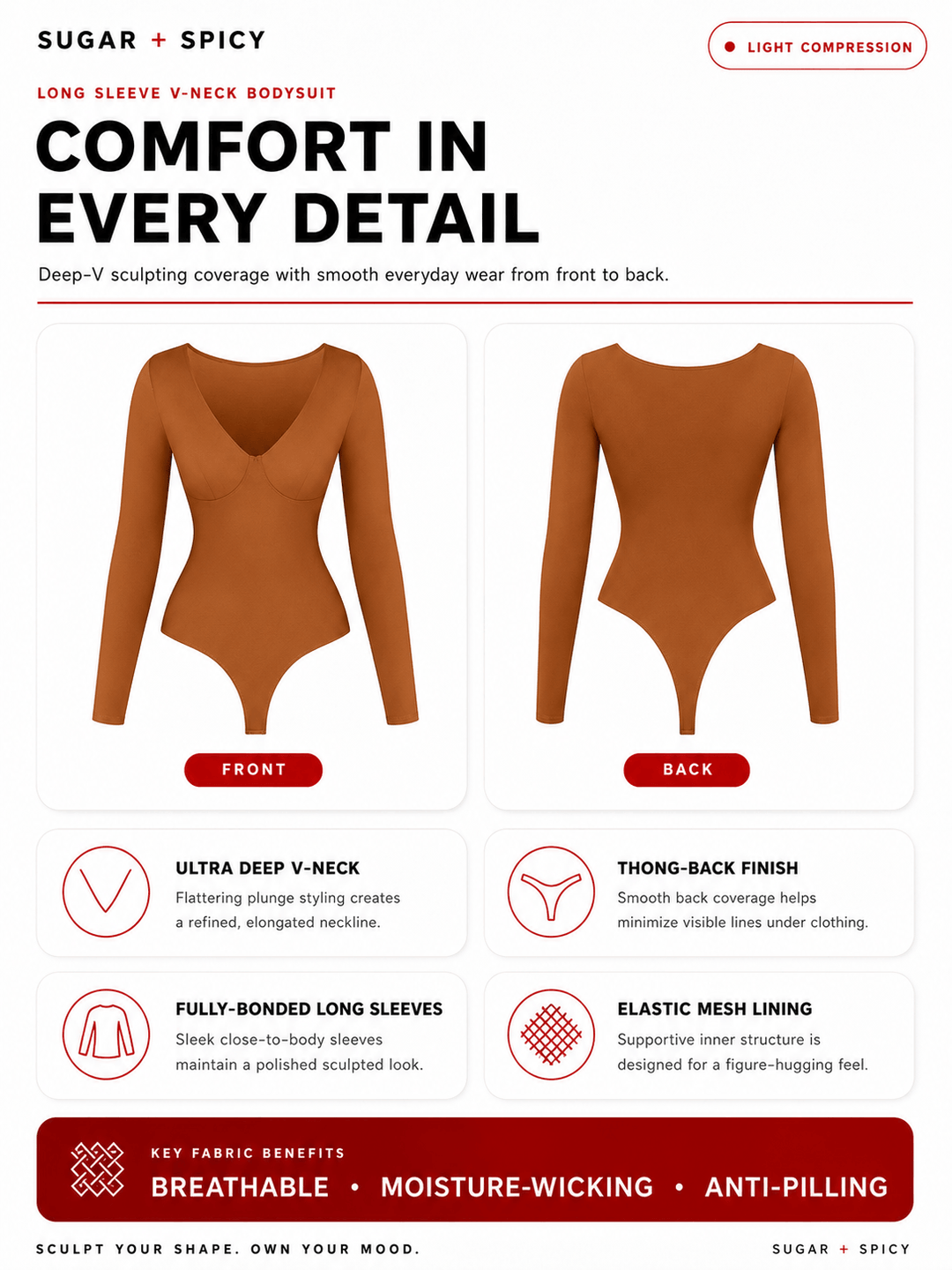 Ultra Deep Sculpt Long Sleeve Bodysuit featuring a deep V-neck design, showcasing front and back views with detailed descriptions.