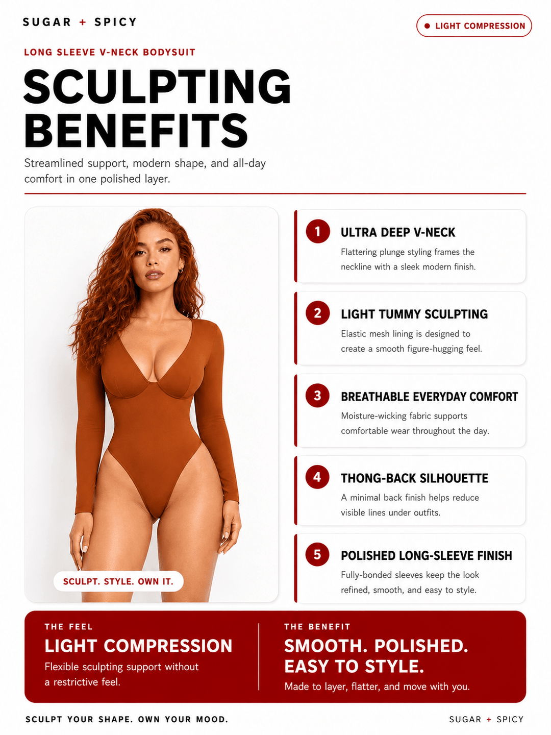 Ultra Deep Sculpt Long Sleeve Bodysuit with deep V-neck bodysuit benefits and features listed.