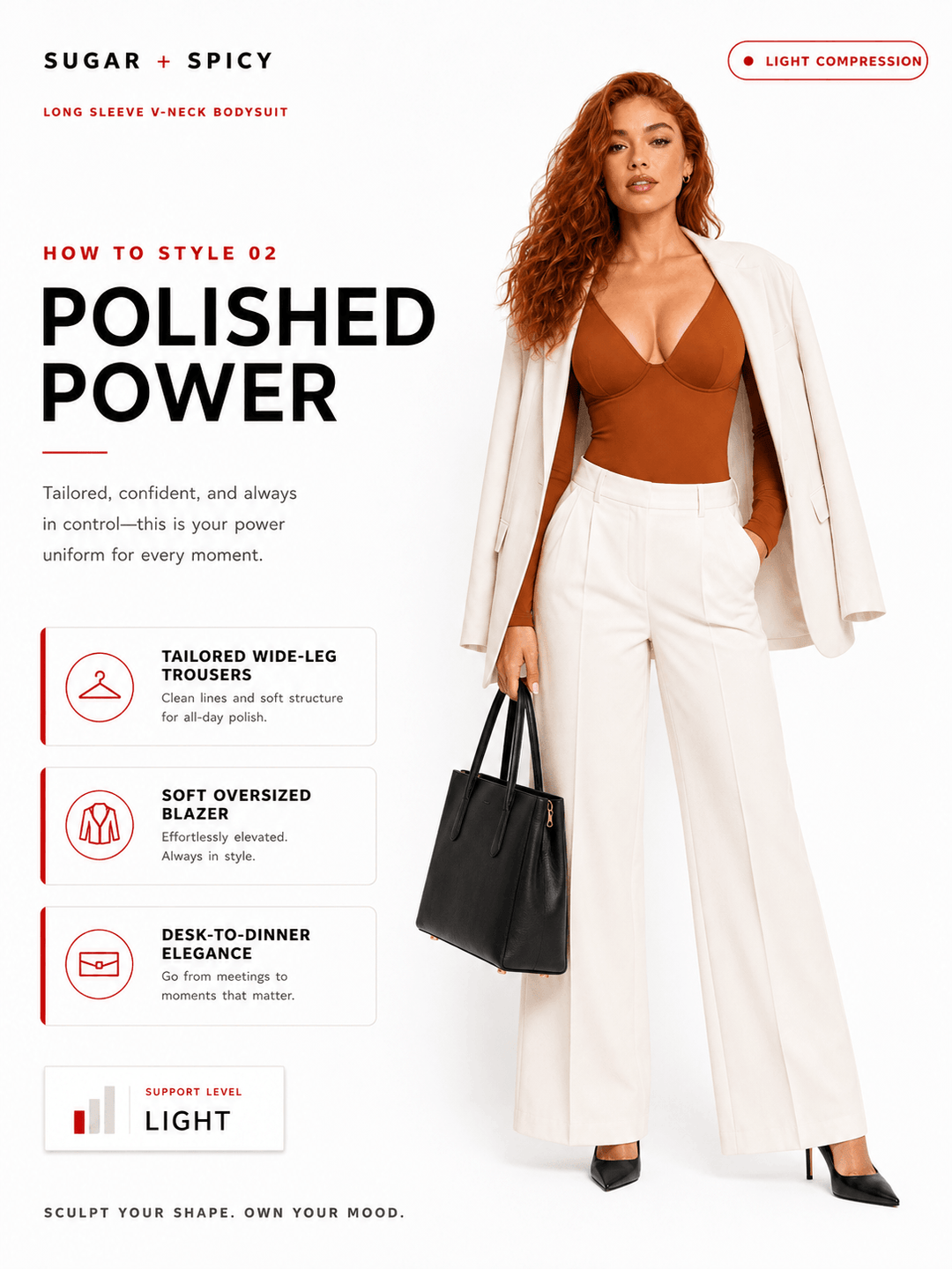 Model wearing a deep V-neck bodysuit styled with tailored trousers and oversized blazer, showcasing polished power.