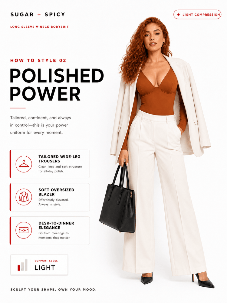 Model wearing a deep V-neck bodysuit styled with tailored trousers and oversized blazer, showcasing polished power.