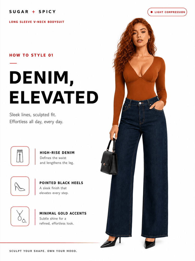 Model showcasing deep V-neck bodysuit styled with high-rise denim and black heels, featuring sleek and sculpted fit.